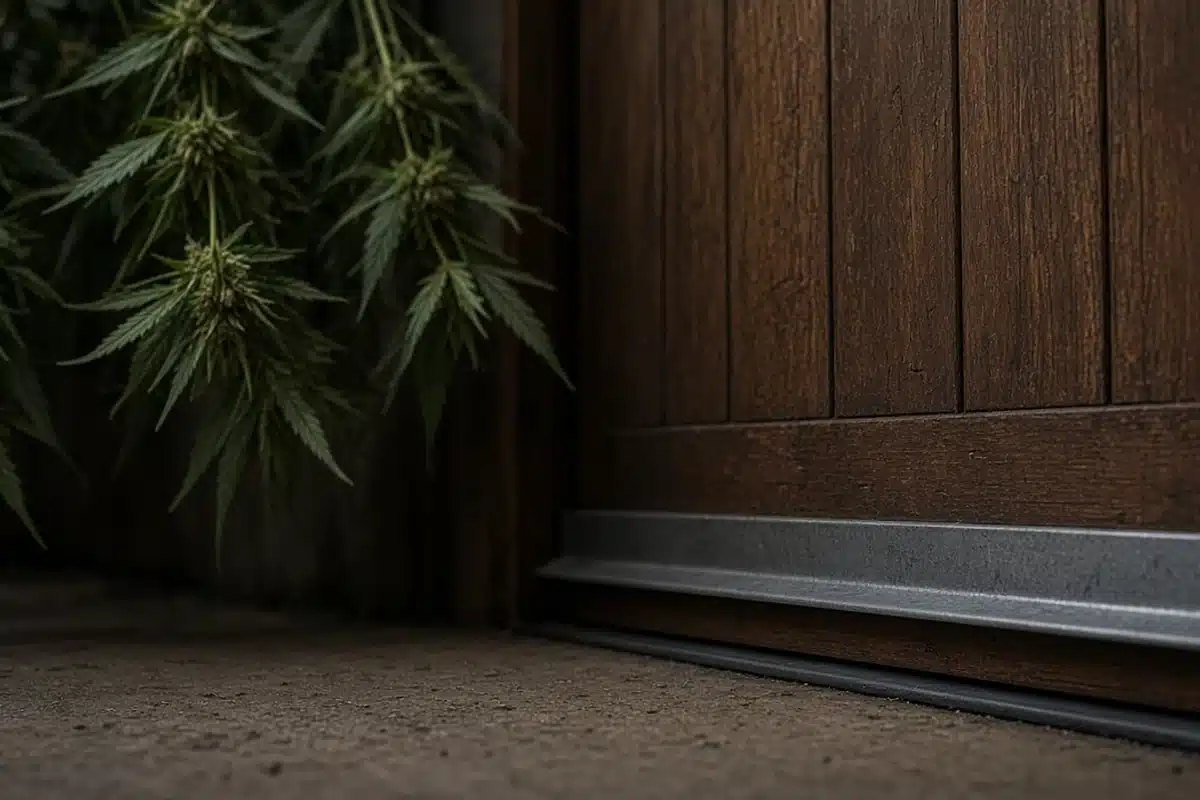 Shed door with a metal door sweep at the bottom and cannabis branches hanging on a line in the background