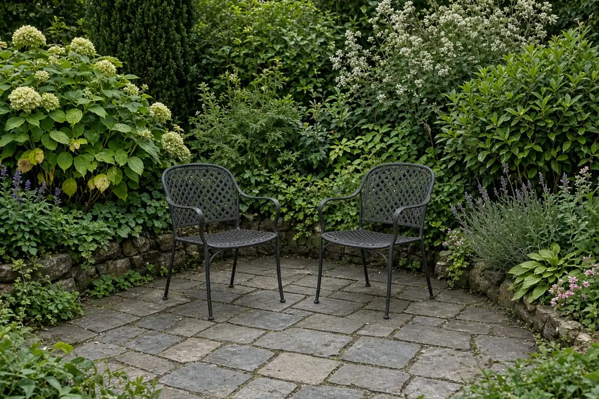 Seating area surrounded by planting beds