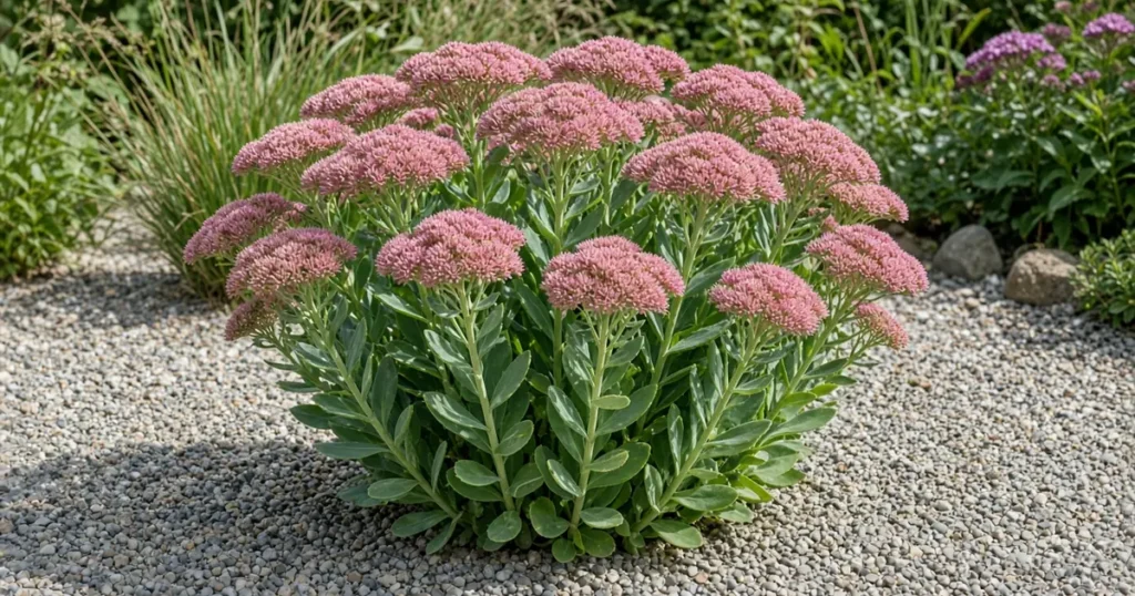 Upright sedum clump in a sunny bed