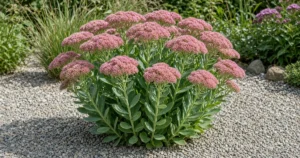 Upright sedum clump in a sunny bed