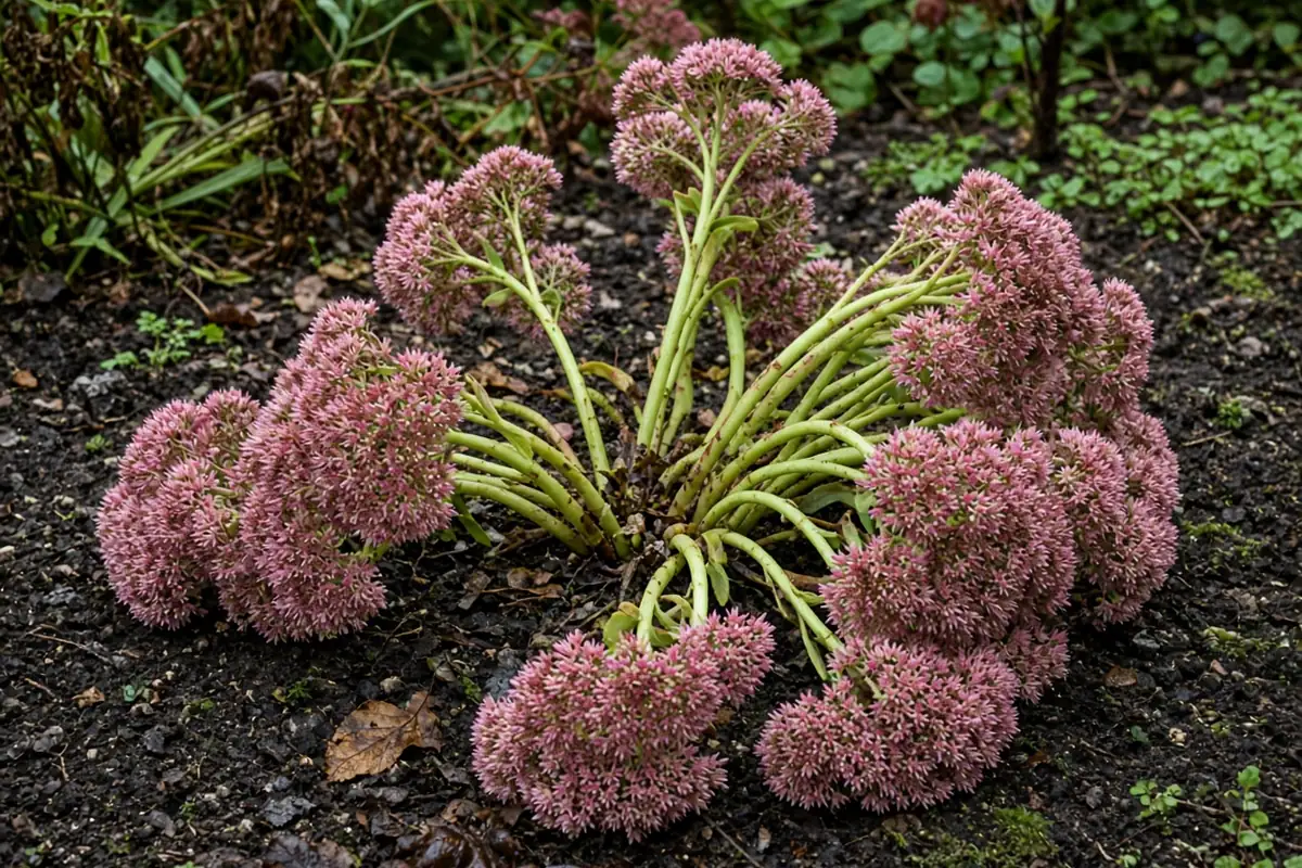 Sedum stems leaning over in a bed