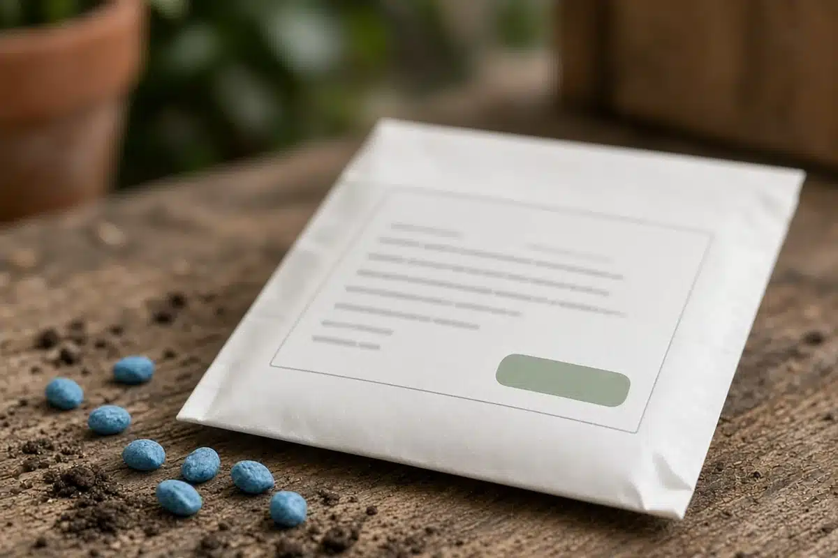 Seed packet with a blank label beside coated seeds