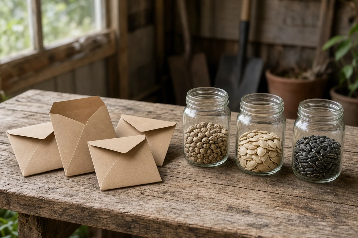 Seed packets and saved seeds in jars