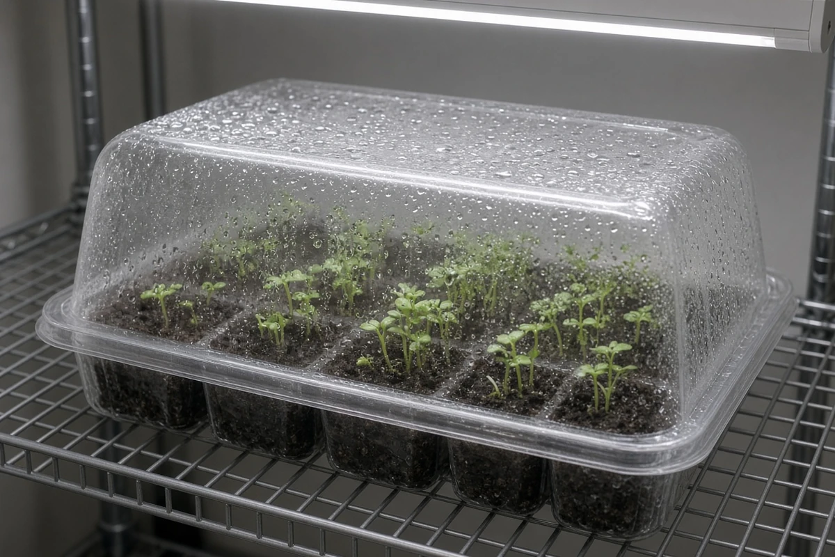 Seed tray with a clear cover beneath a light bar