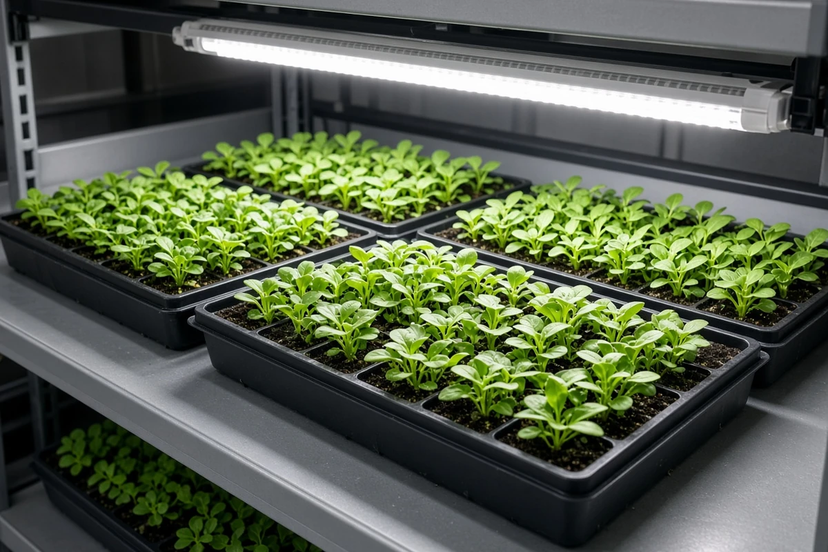 Seedling flats under a grow light