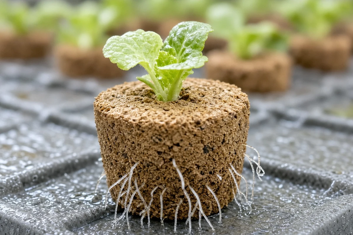 Seedling roots poking out of a plug