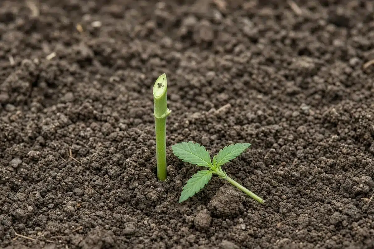 Photo-style illustration of a seedling stem cut cleanly at an angle with the top lying beside it on the bed