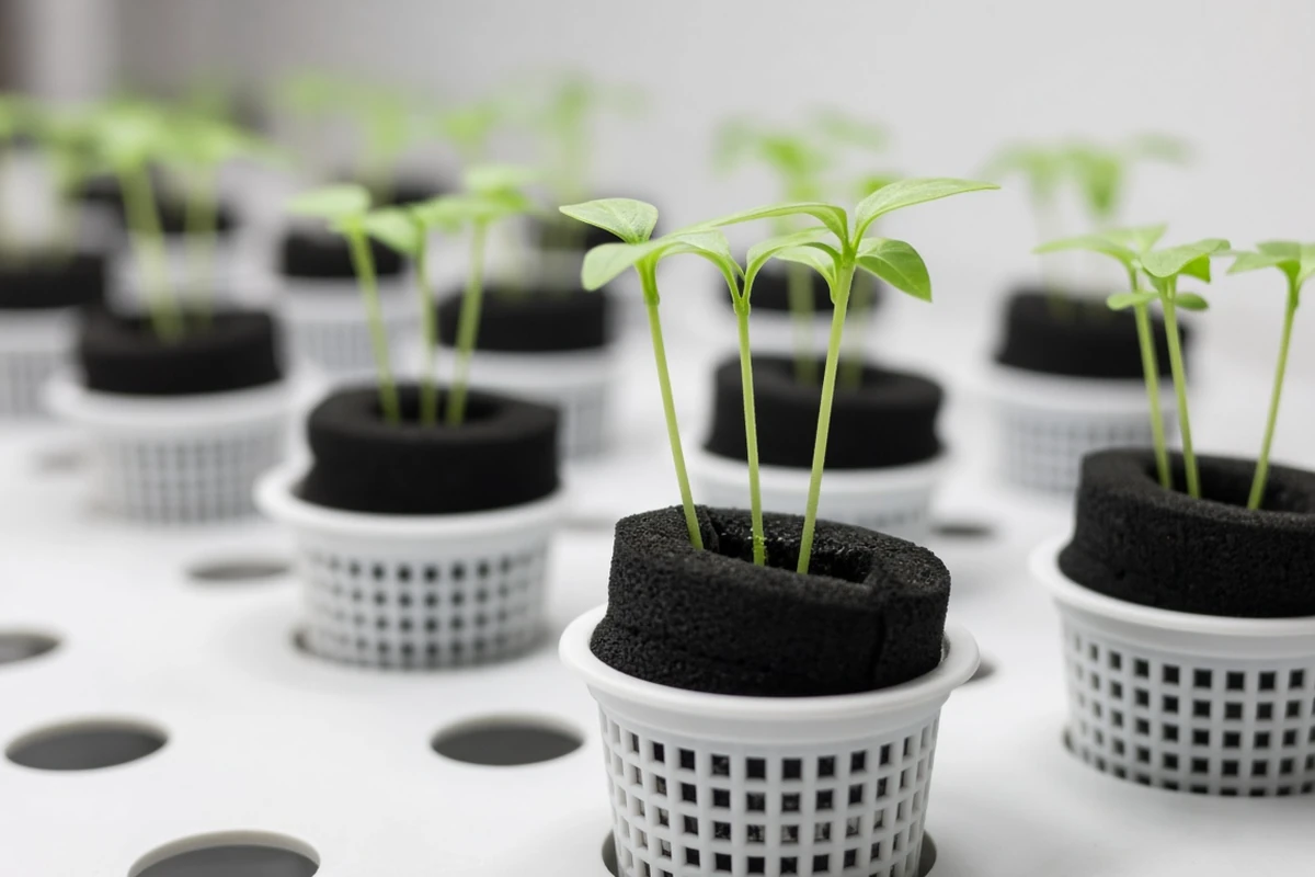 Seedling stems held upright by neoprene collars