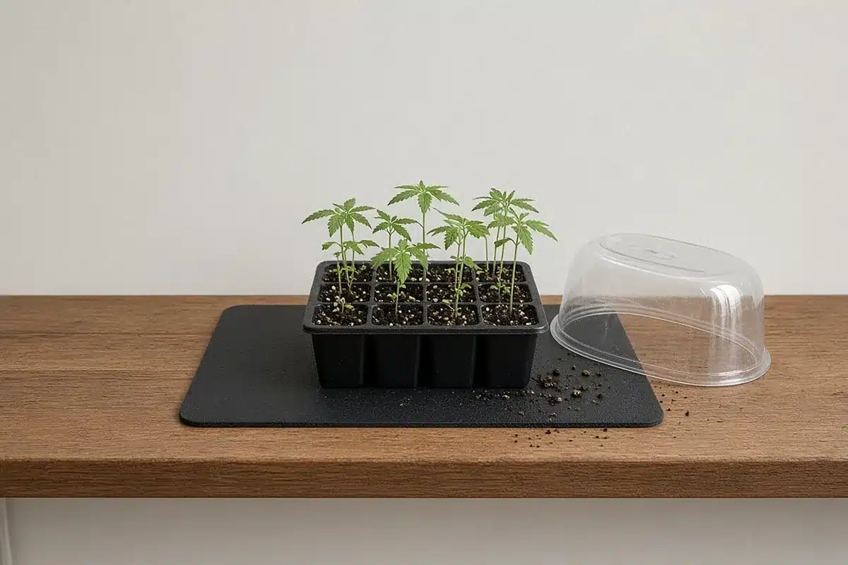Cannabis seedling tray on a heat mat