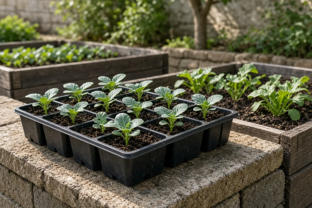 Seedling tray set outdoors for hardening off