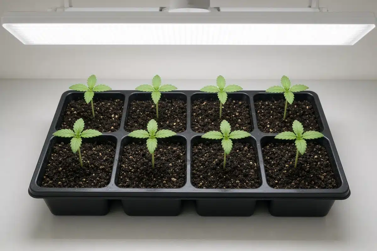 Tray of upright cannabis seedlings growing straight under a light hung directly above the center