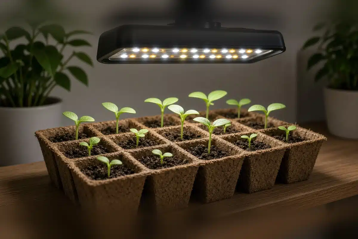Seedlings growing in a hemp plastic tray
