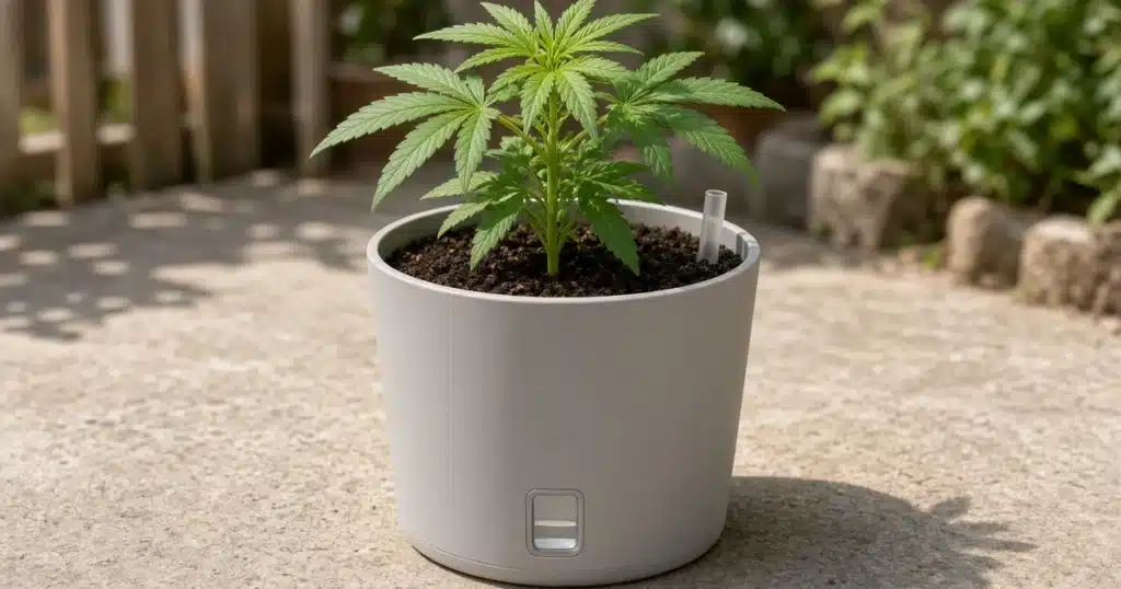 Young cannabis plant in a grey self-watering pot with water level window and fill tube on a sunny patio