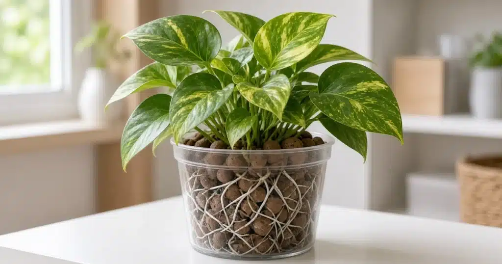 Houseplant growing in expanded clay pebbles in a clear pot