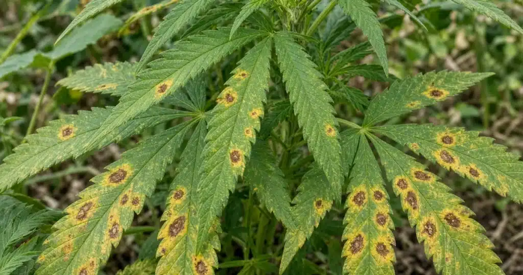 Lower cannabis leaves covered in small brown spots with bright yellow halos in a dense wet canopy