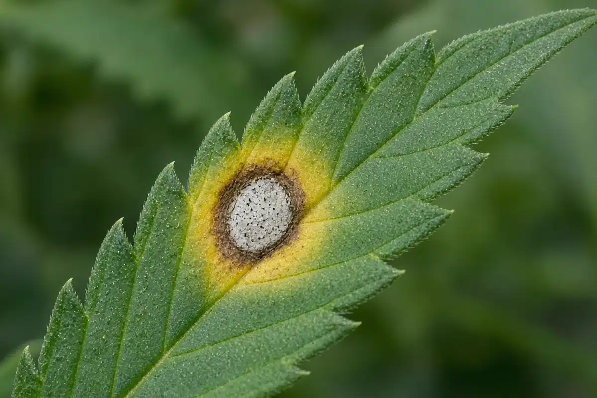Close view of a brown leaf spot with a gray center, a yellow halo and tiny black specks like pepper flakes