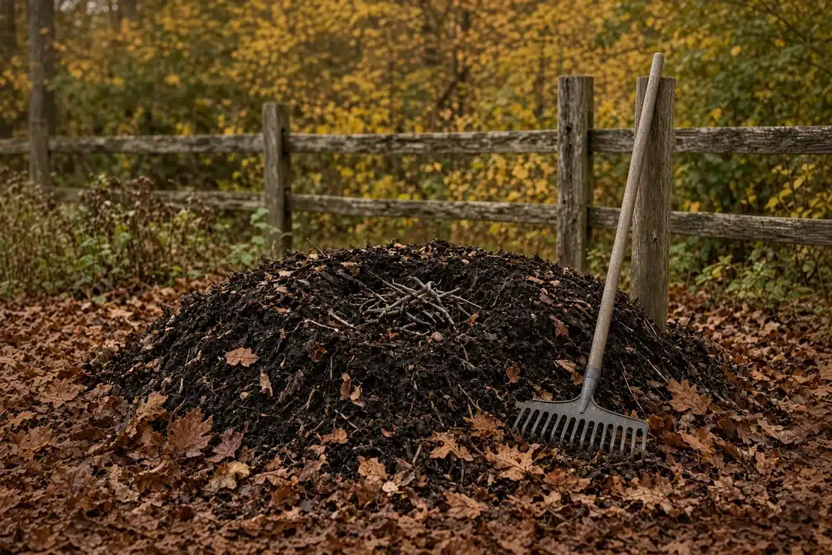 Settled hugelkultur mound in autumn topped up with fresh compost and twigs.