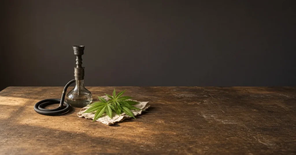 Small shisha pipe and fresh cannabis leaves on a table