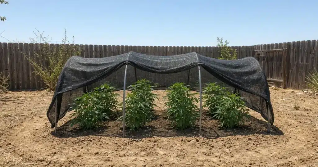 Black shade cloth on hoops shading outdoor cannabis plants at midday.