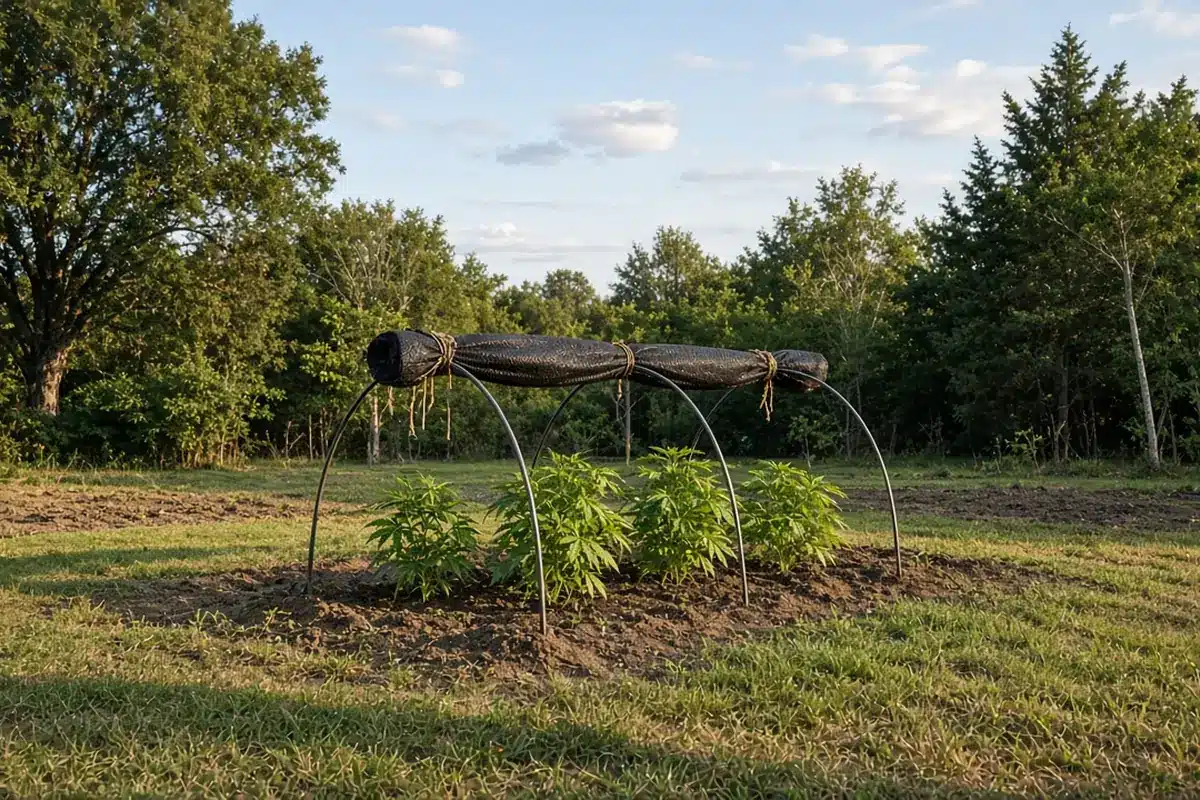 Shade cloth rolled up on garden hoops above cannabis plants.