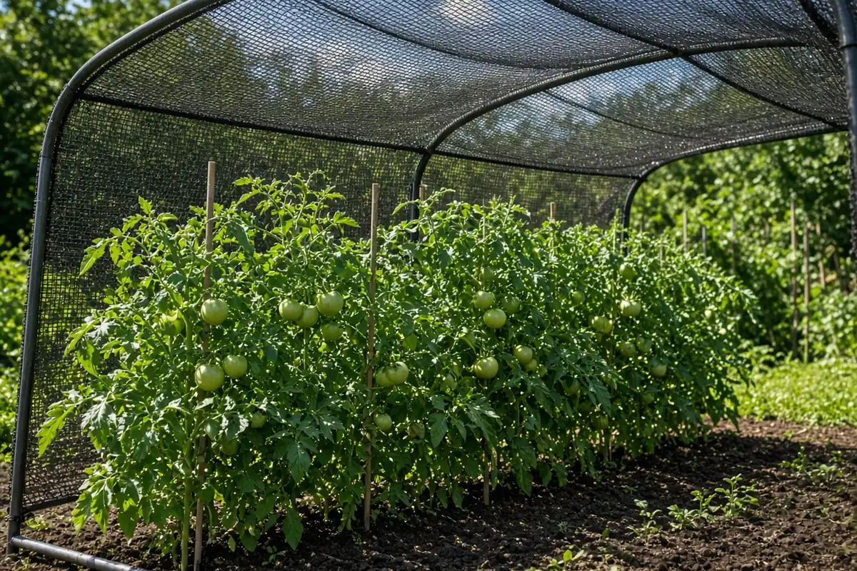 Shade cloth stretched over tomato plants