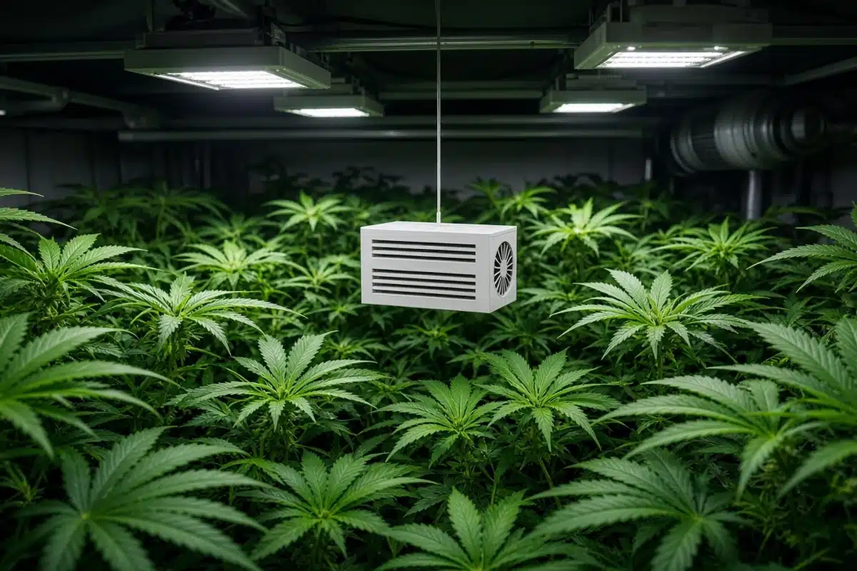 Small white sensor box with a tiny fan hanging at canopy height in the center of a cannabis grow room