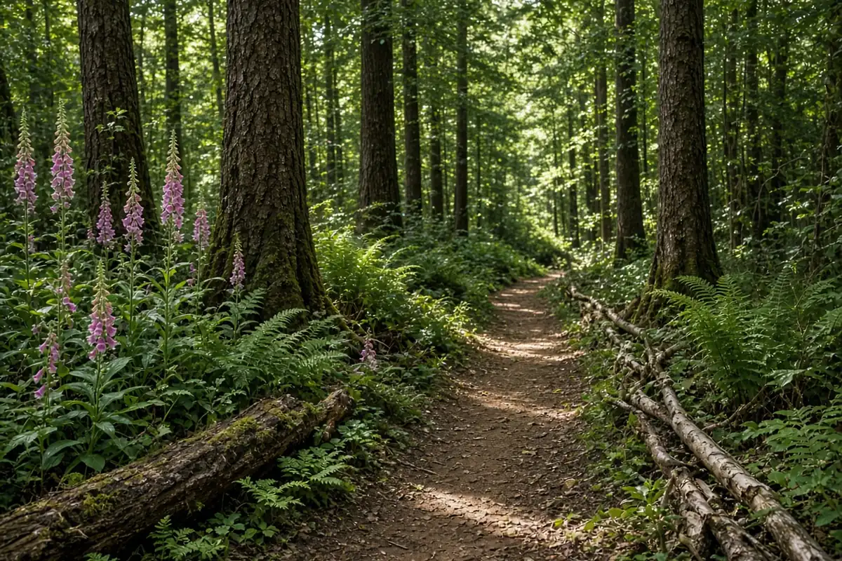 Shady woodland garden with a rustic path