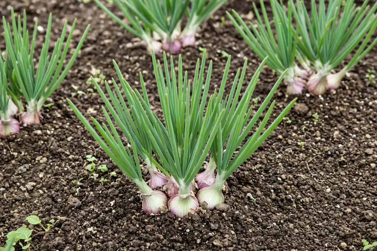 Shallots growing in a garden bed