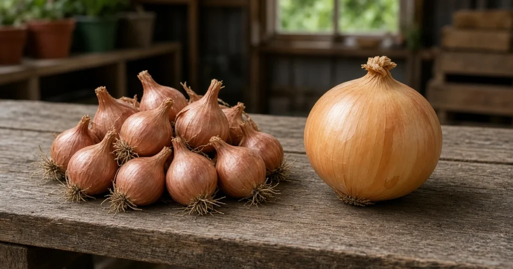 Cluster of harvested shallots beside a single onion