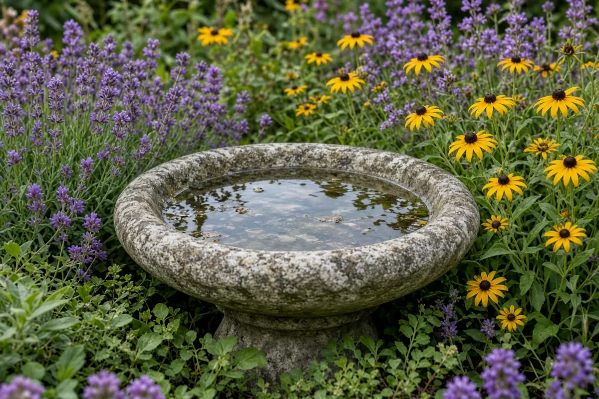 Shallow birdbath among flowers