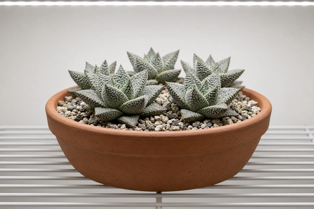 Shallow pot of gray green rosettes on a lit shelf