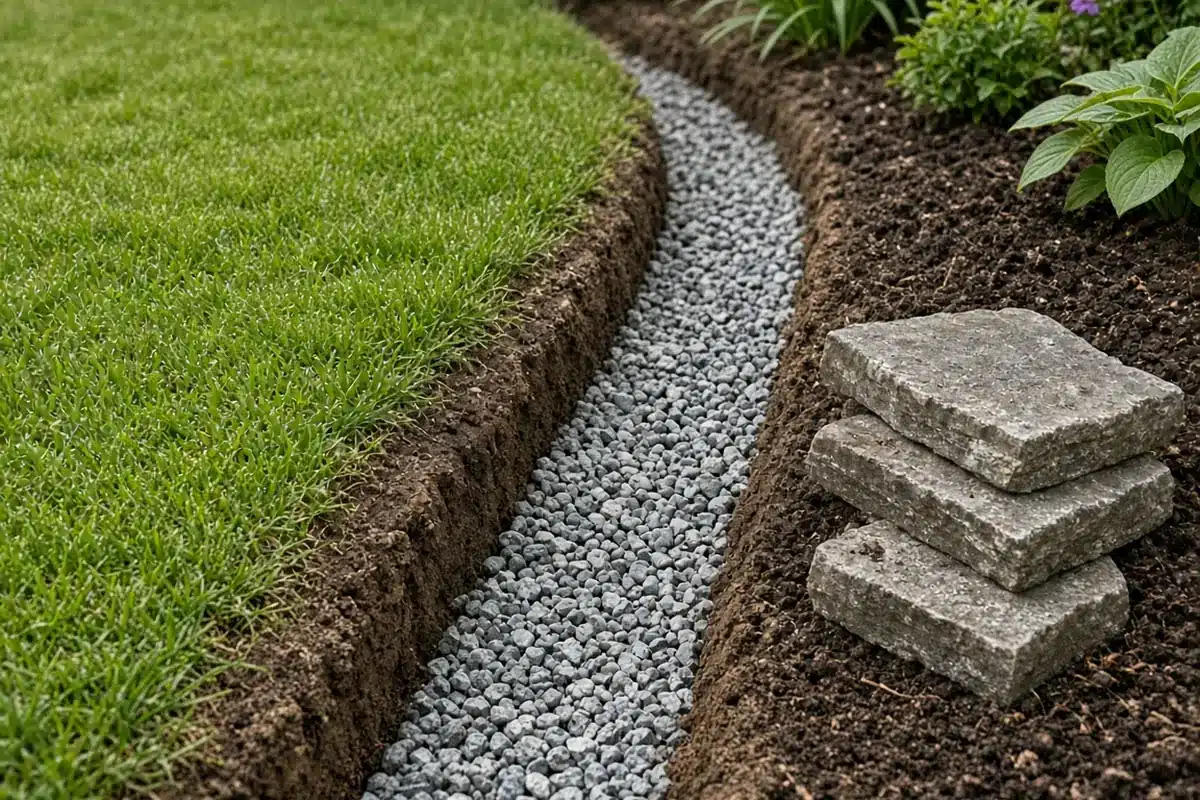 Shallow trench with gravel base for stone edging