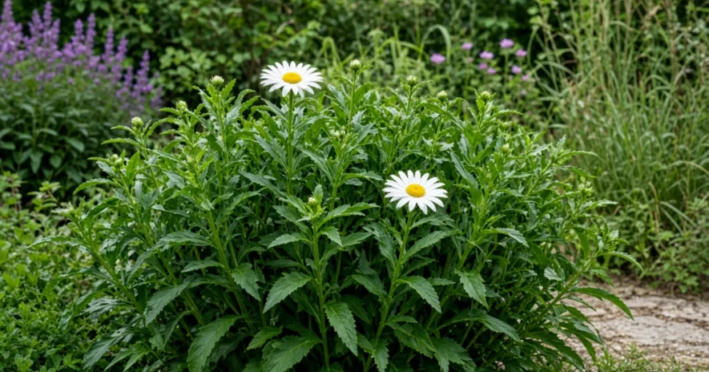 Leafy shasta daisy clump with only two flowers