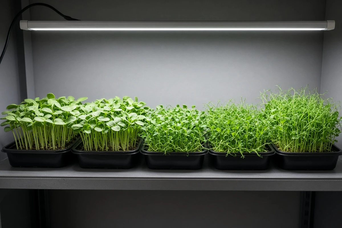 Shelf of microgreen trays under a light bar