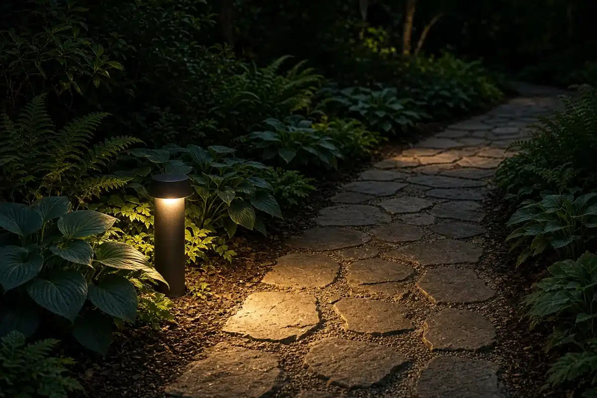 Shielded outdoor light pointing down onto a garden path