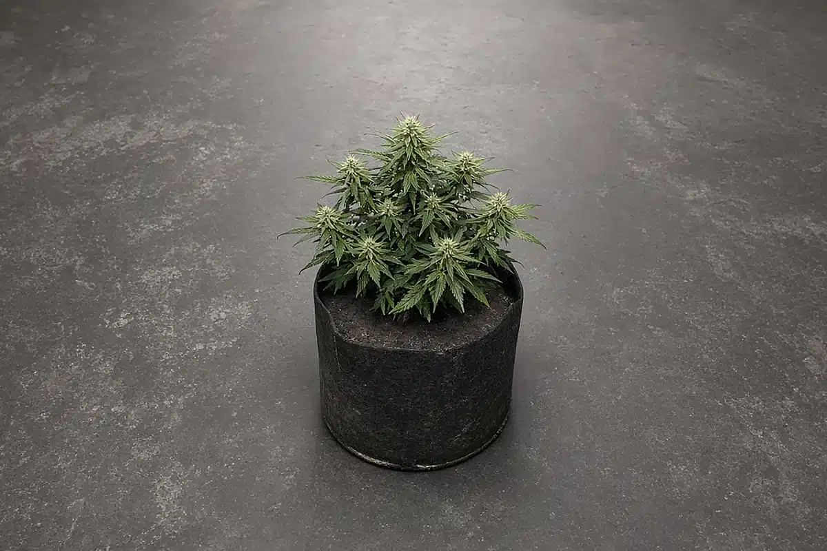 Short autoflower cannabis plant in a fabric pot