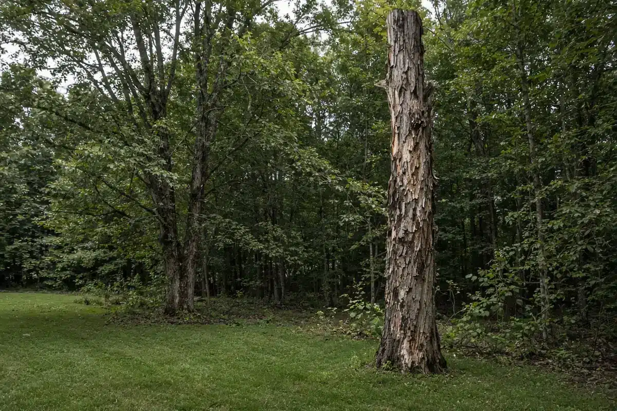 Shortened snag at the edge of a wooded yard