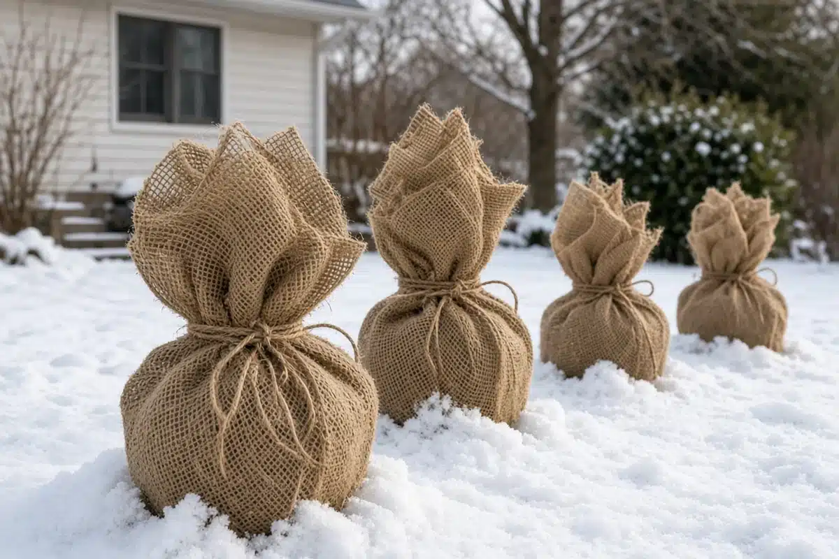 Shrubs wrapped for winter in a snowy yard