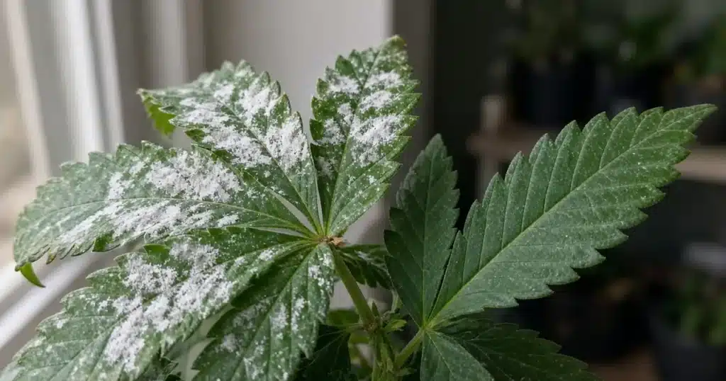 Cannabis leaves with white powdery mildew spots beside a clean leaf