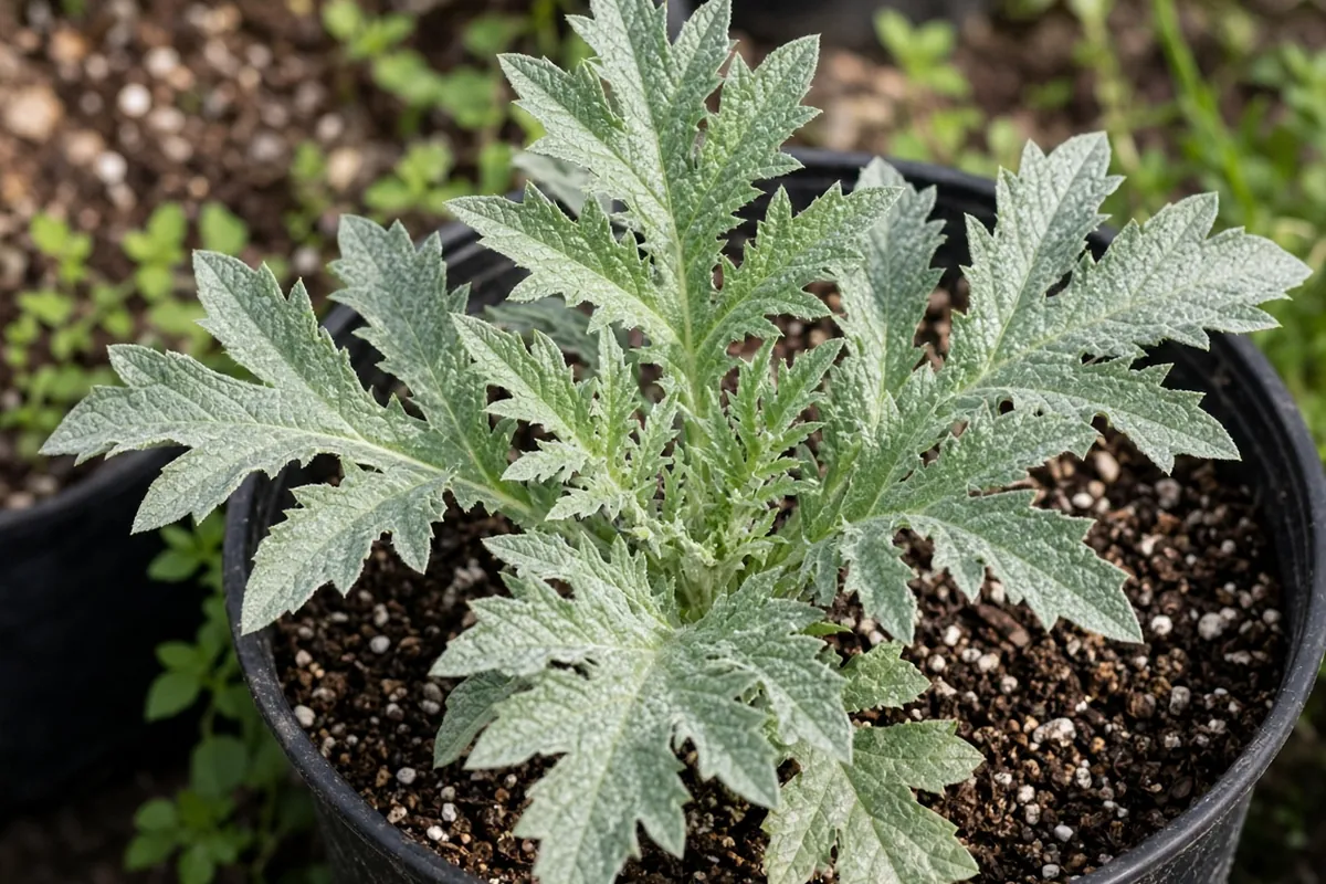 Silvery artichoke seedling leaves