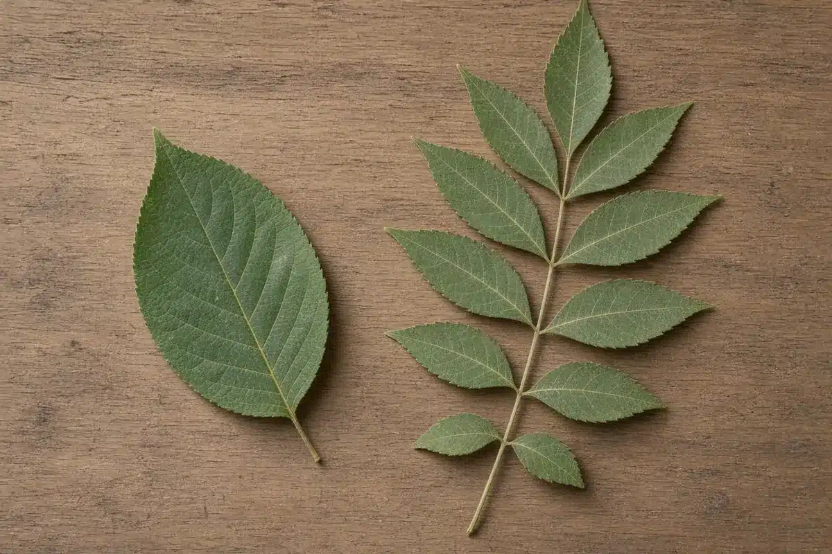 Simple leaf next to a compound leaf on a table
