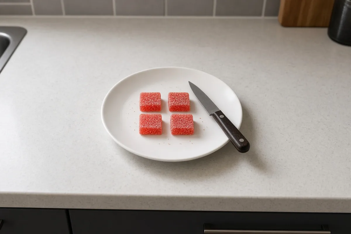 Single cannabis gummy cut in quarters