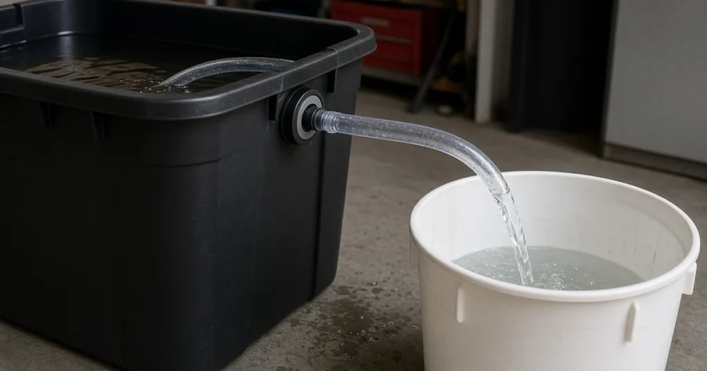 Clear siphon hose draining a hydroponic tote into a bucket