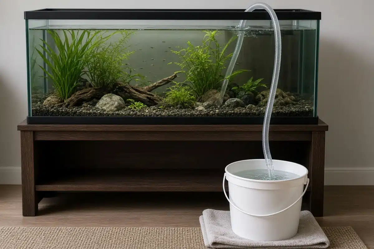Clear siphon hose draining freshwater aquarium water into a plastic bucket on a towel