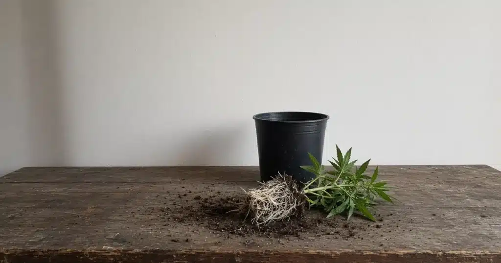 Healthy white cannabis root system out of the pot