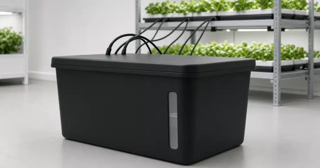 Opaque hydroponic reservoir with a lid and fill line