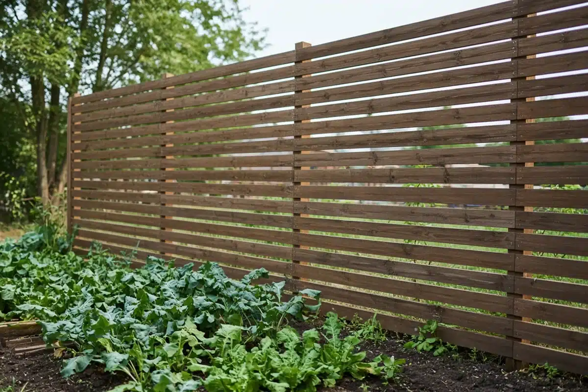 Slatted fence windbreak beside a garden