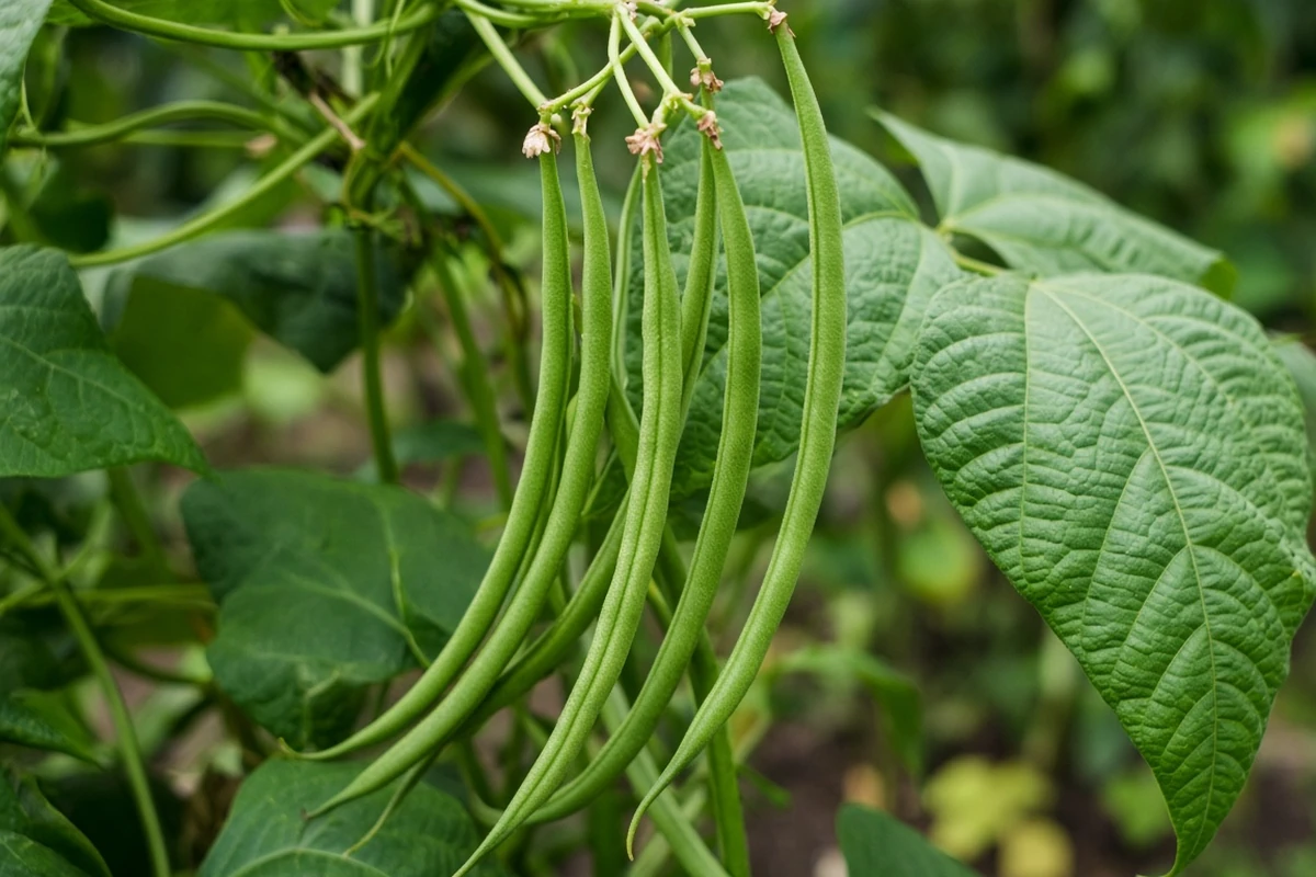 Slender green bean pods ready to pick