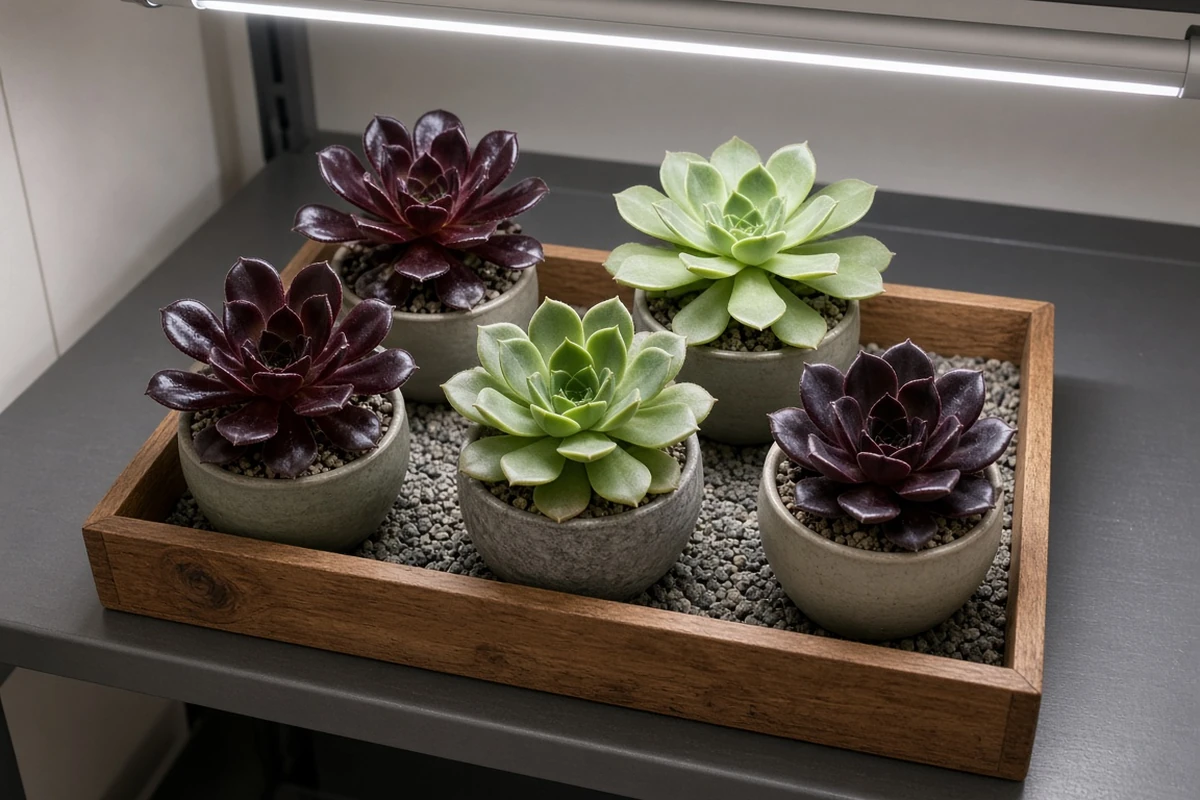Small aeonium tray on a shelf below a light bar