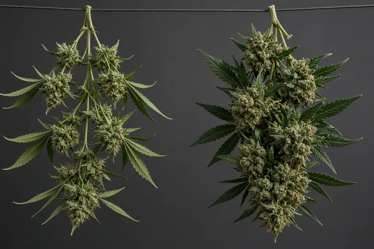 Two cannabis branches side by side on a drying line, one with small airy buds and one with large dense buds